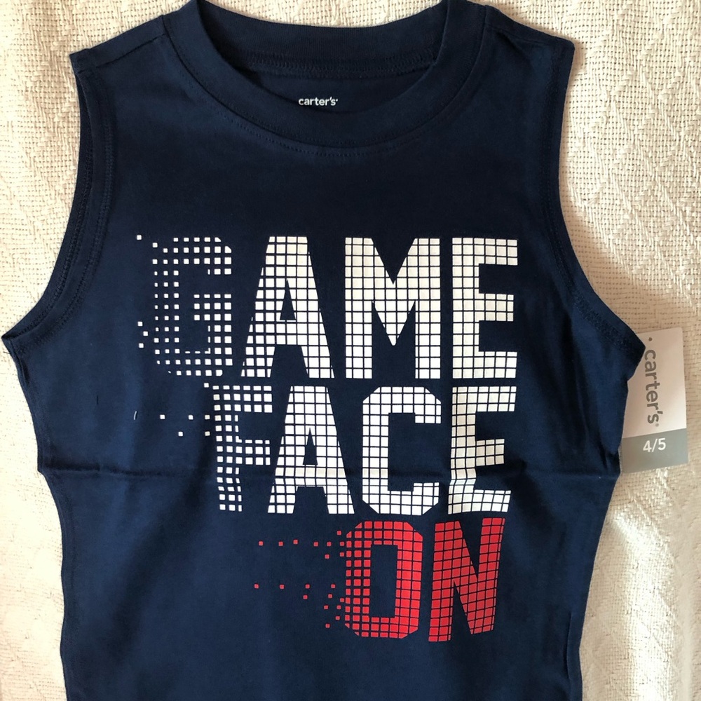 NEW Navy Blue Sleeveless Muscle Shirt Sz 4/5 “GAME FACE ON”